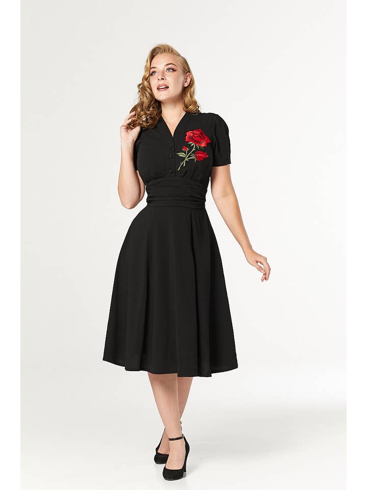 Timeless London – wholesale Dress – Women's – Reema Short Sleeve Midi Dress Navy with Red Rose Embroidery4
