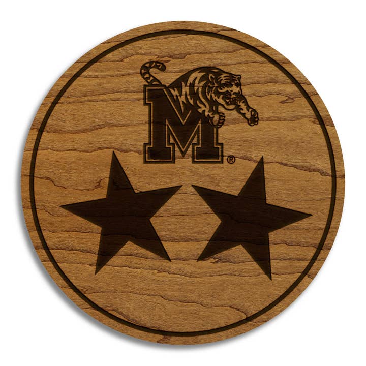 University of Memphis Block M Tri Star Coaster – Crafted from Cherry or Maple Wood – Memphis Tigers for wholesale by LazerEdge
