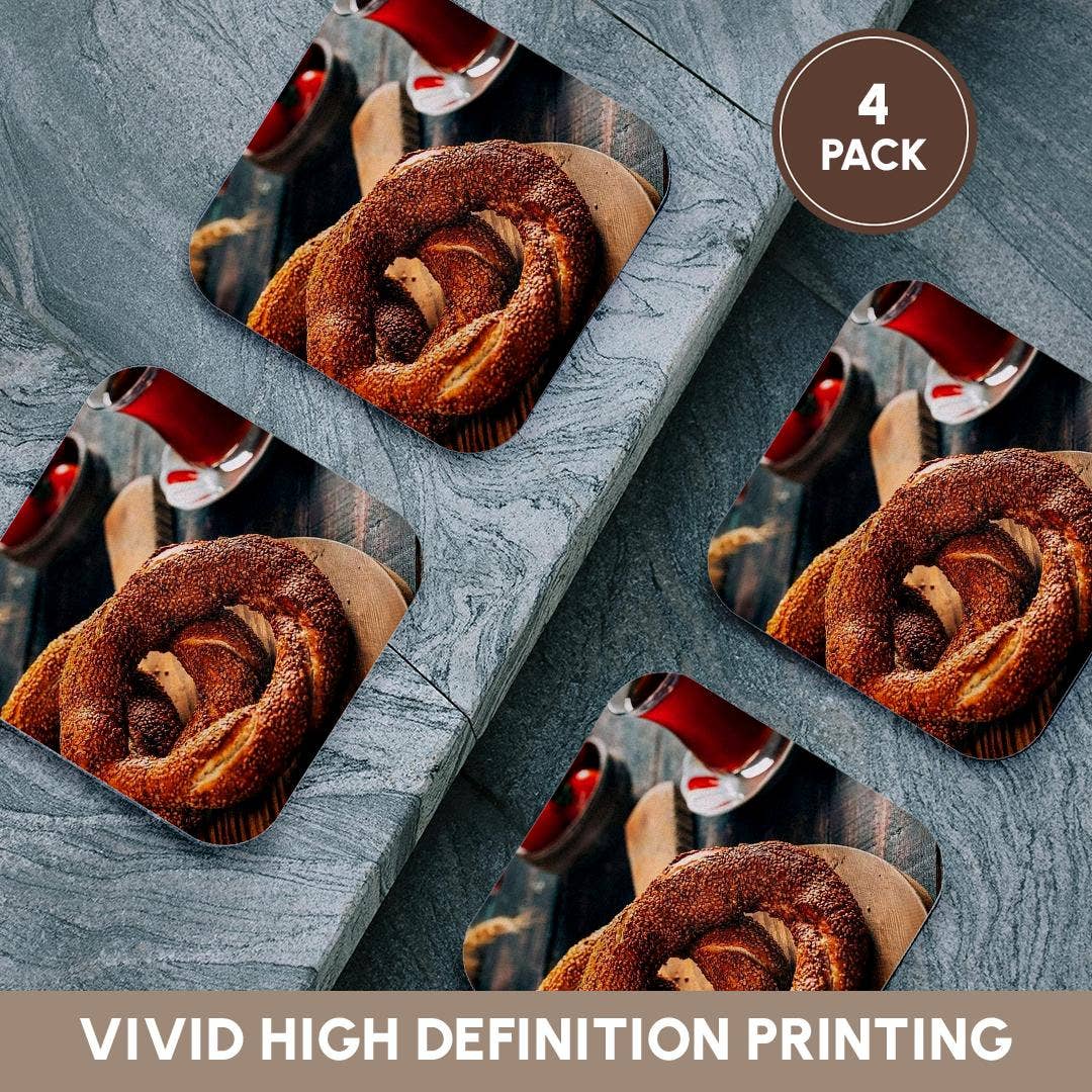 3dRose - Wholesale Coasters - 3dRose, A close up photograph of a Turkish simit bagel and fresh tea, Coaster12
