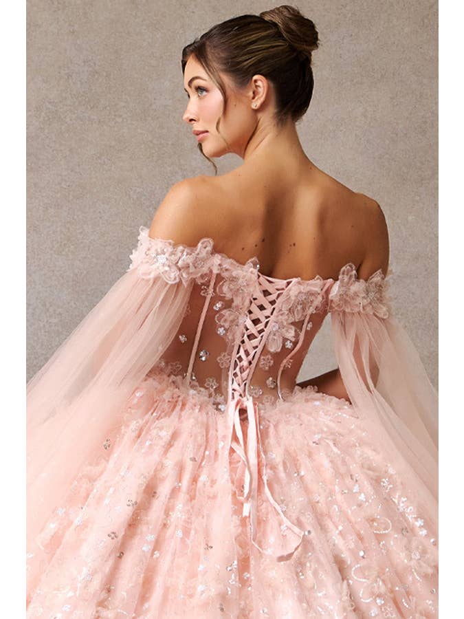 BLUSH Off Shoulder Cape Sleeve Quinceanera Ball Gown for wholesale on Faire5
