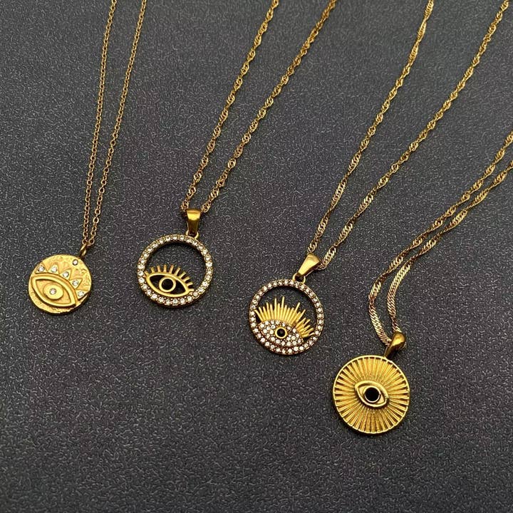 Mio Queena - Wholesale Pendant/Charm Necklace - Inlaid CZ Evil Eye Charm 18K Gold Plated S.Steel Necklace - FGS