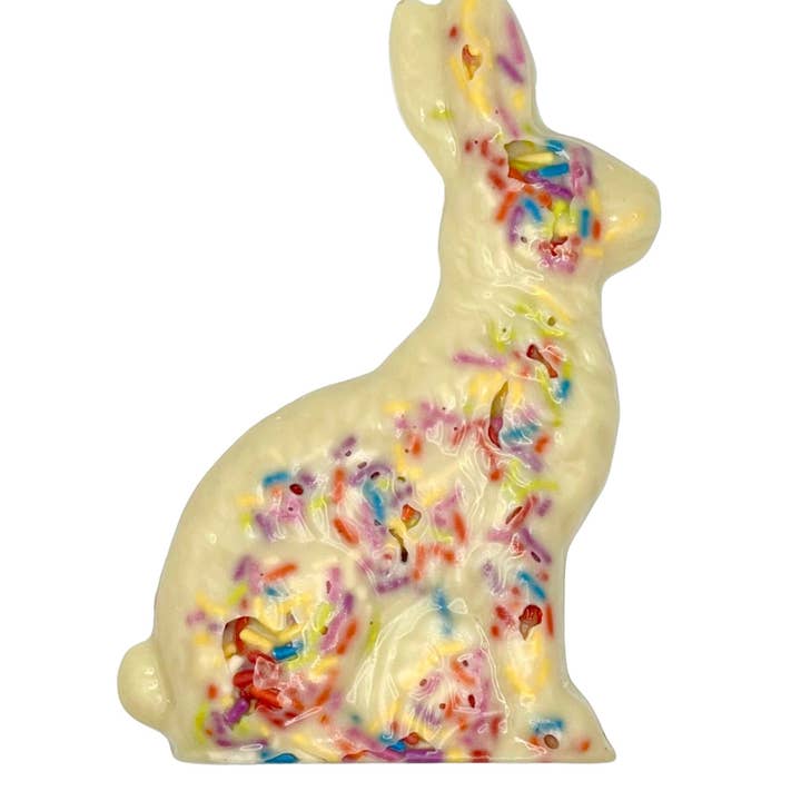 Easter White Chocolate Bunny w/natural Rainbow Sprinkles for wholesale by Missionary Chocolates