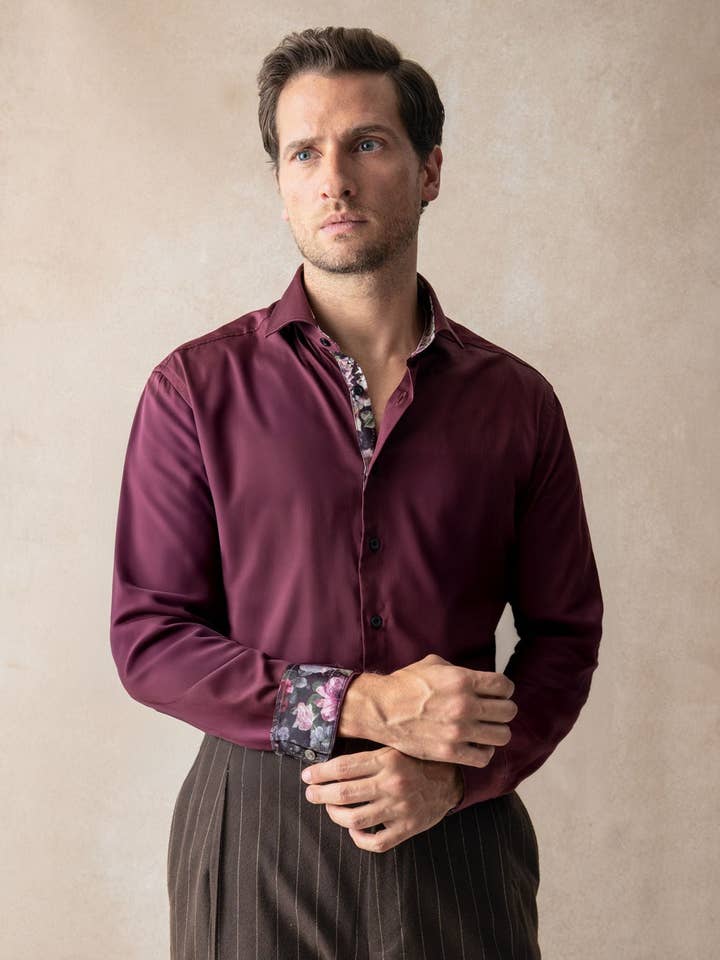 Burgundy Sateen Shirt with Roses Accents for wholesale by Blake Mill
