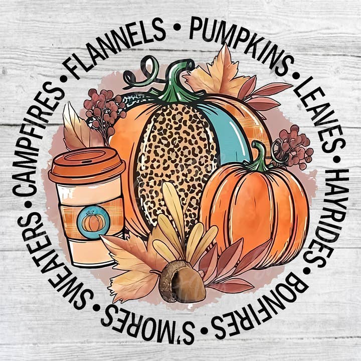 Happy Fall Flannels Hayrides Pumpkins Sublimation Transfer for wholesale by Sweet Tees