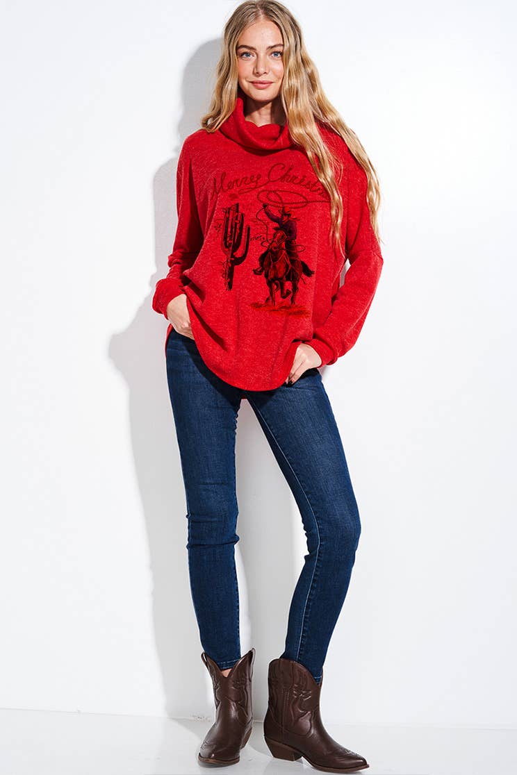 Phil Love - Wholesale Tunic - Women's - T916G9397 - Cowboy Christmas Women's Cowl Neck Knit Top2