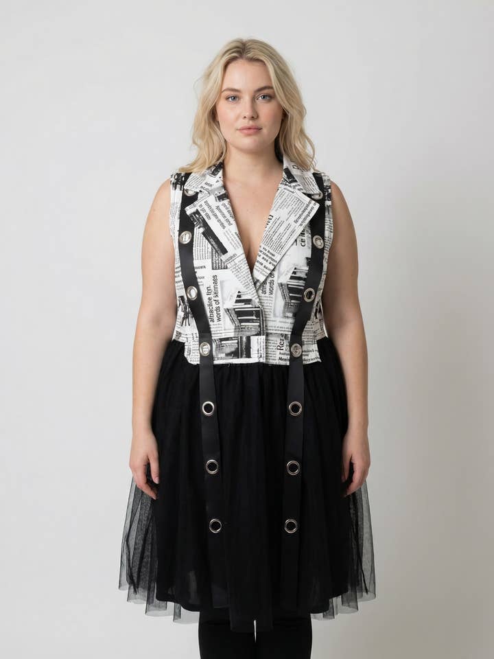 Colete bimaterial em ganga e tule branco estampado (C6515) por atacado de Pomme Rouge Paris