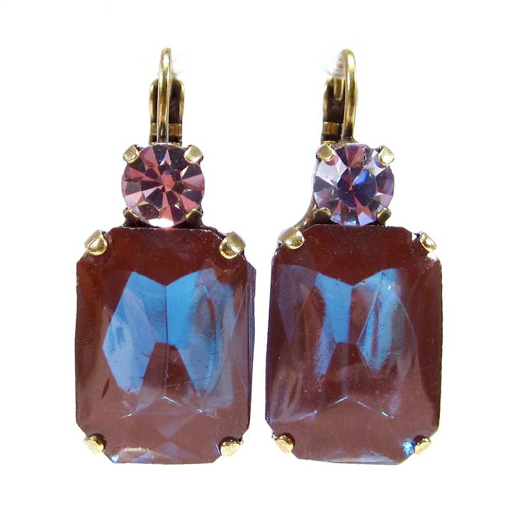 Blue Purple Sapphire Glass Earrings Rectangle Antique Gold for wholesale by SoHo Schmuckmanufaktur