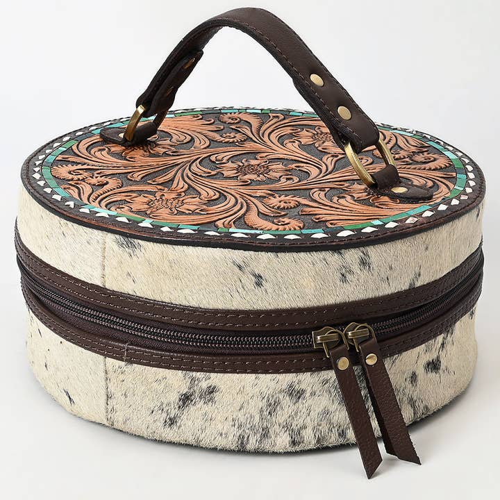 LS Western - Wholesale Jewelry Box/Organizer - ADBGA317 Hand-Tooled Round Hair-On Leather Jewelry Case Western Floral & Turquoise Inlay4