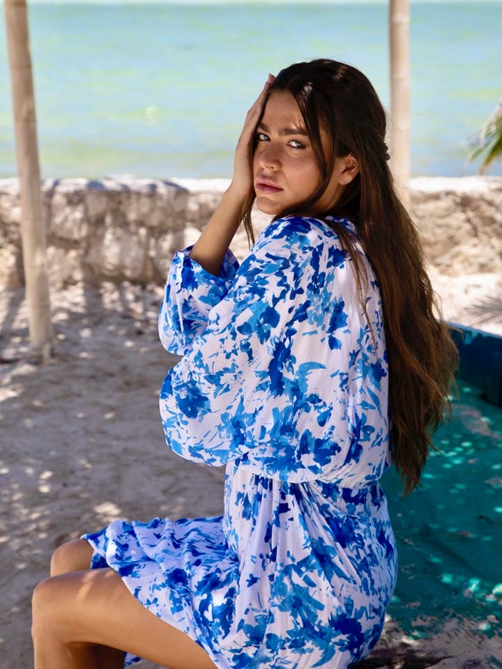 NEW Ingrid Ruched Maxi Dress in Palau Blue Floral for wholesale by Bali Prema