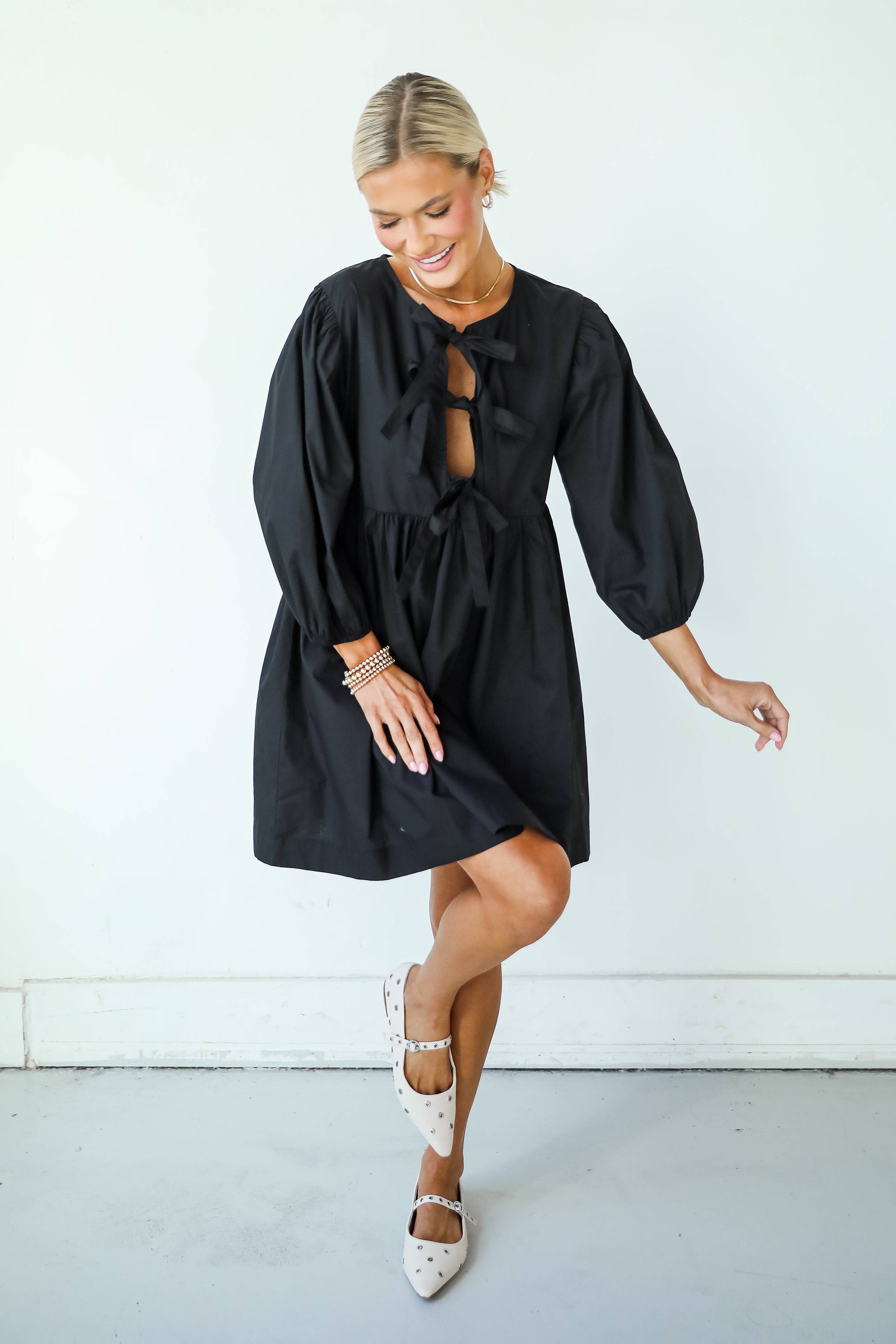 Cute Definition Black Bow Babydoll Mini Dress for wholesale on Faire8