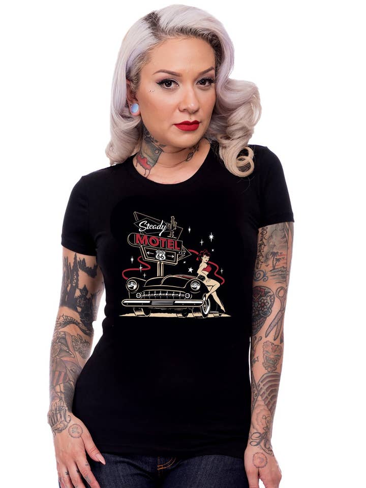Steady Motel 66 Women's Tee in Black for wholesale by Steady Clothing