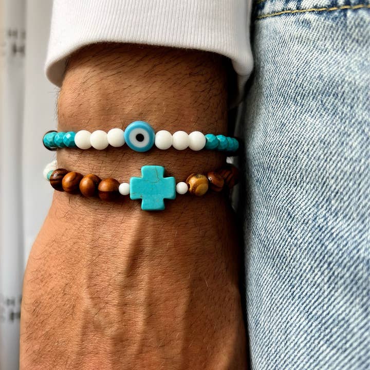 Christina Christi - Vendita all'ingrosso Gioielli - Uomo - Bracciale da uomo con croce turchese, bracciale uomo malocchio