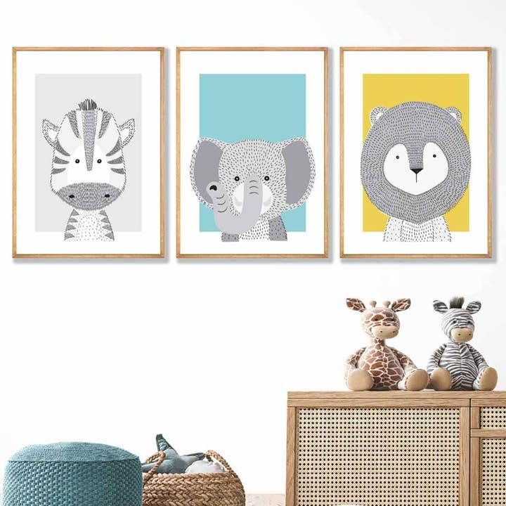 Nursery Set of 3 Prints Sketch Jungle Animals Blue Yellow for wholesale by Artze Wall Art