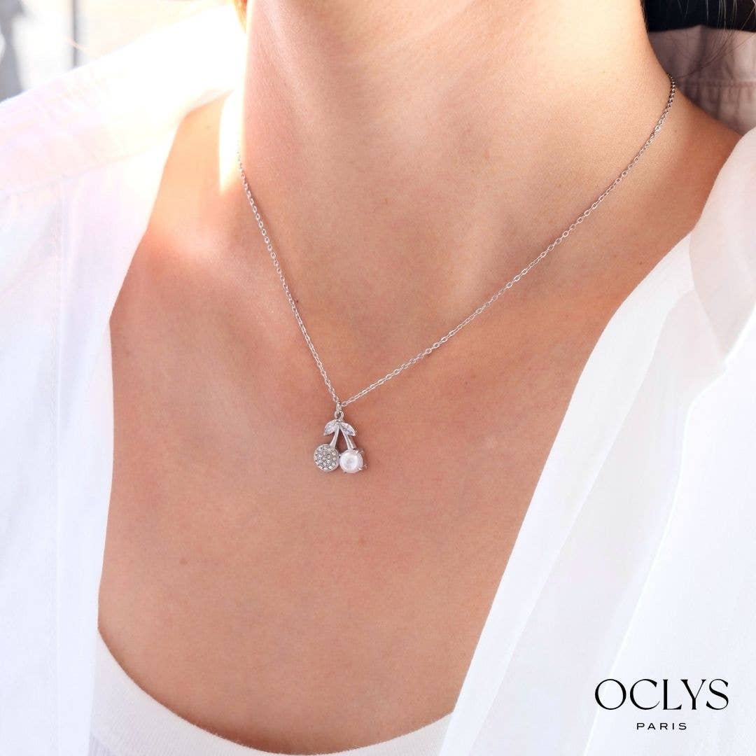 Oclys - Wholesale Pendant/Charm Necklace - Fine cherry chain necklace with rhinestone pearl in stainless steel Cel4