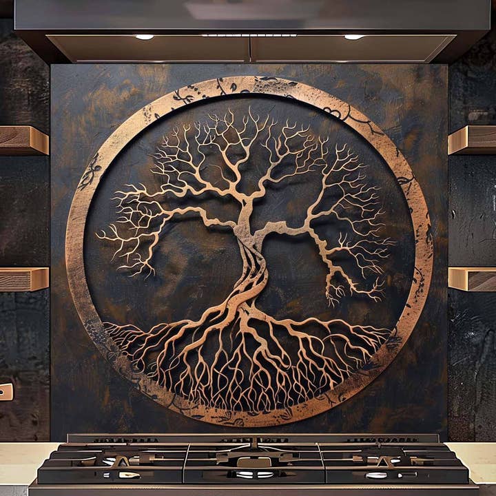 Copper Root Tree Tempered Glass Backsplash – Tree of Life Kitchen Backsplash for wholesale by Glass Kitchen Backsplash