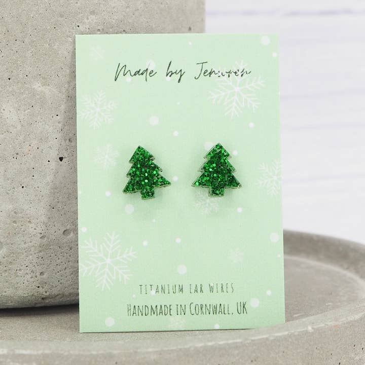 Green glitter Christmas tree studs for wholesale by MadebyJenWren