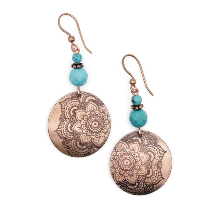 Pillar of Salt Studio - Wholesale Dangle Earrings - Handcrafted Solid Copper Mandala Earrings w/ Turquoise4