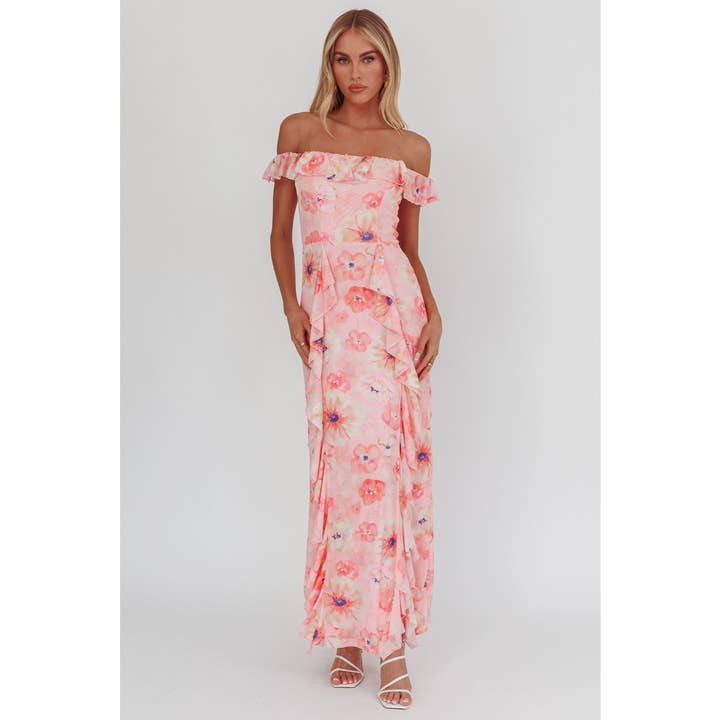 PINK OFF THE SHOULDER FLORAL MAXI DRESS for wholesale on Faire