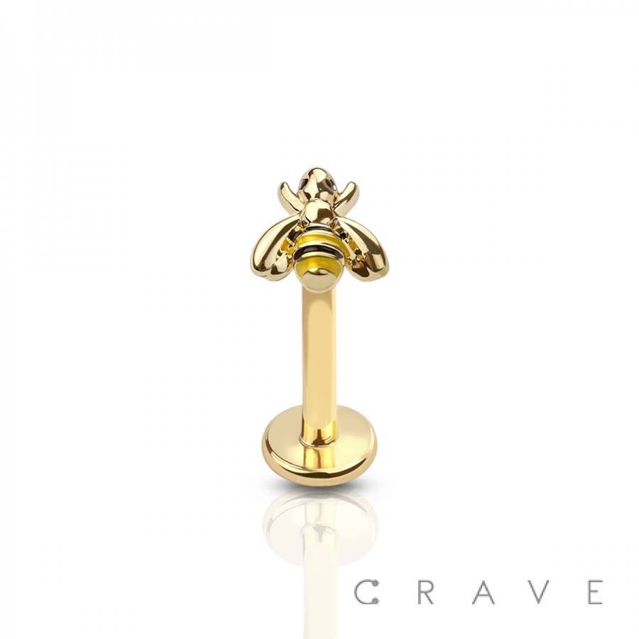 CRAVE - Wholesale Stud/Post Earrings - INTERNALLY THREADED BUMBLE BEE TOP 316L SS LABRET STUD0