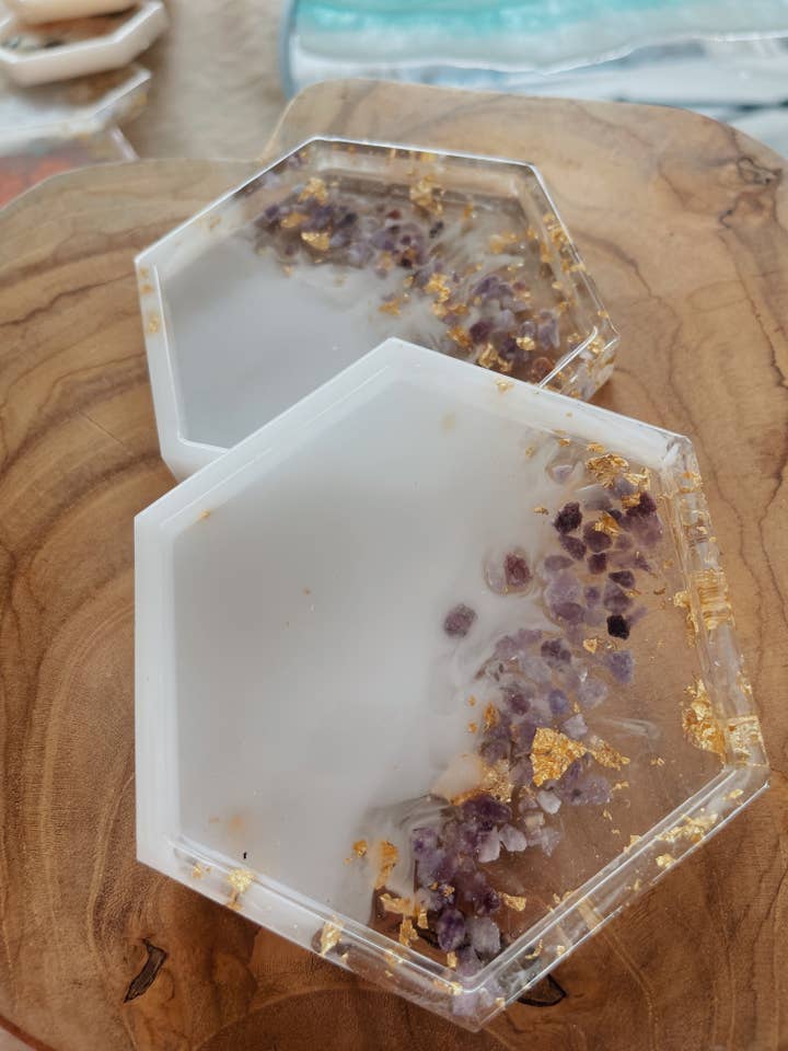 Lepidolite Crystal Hexagon Coaster for wholesale by Msn J Arts