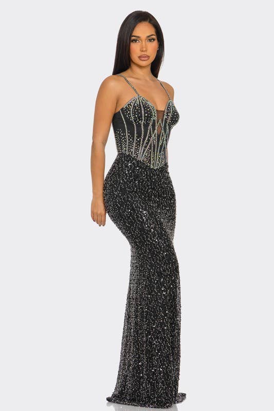 BANJUL – Großhandel Kleid – Damen – Paillettenbesetztes schmales Träger-Maxikleid9