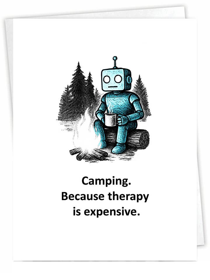 Funny Outdoor Card- Camping Robot - Blank Inside for wholesale by Blue Spark Card Co