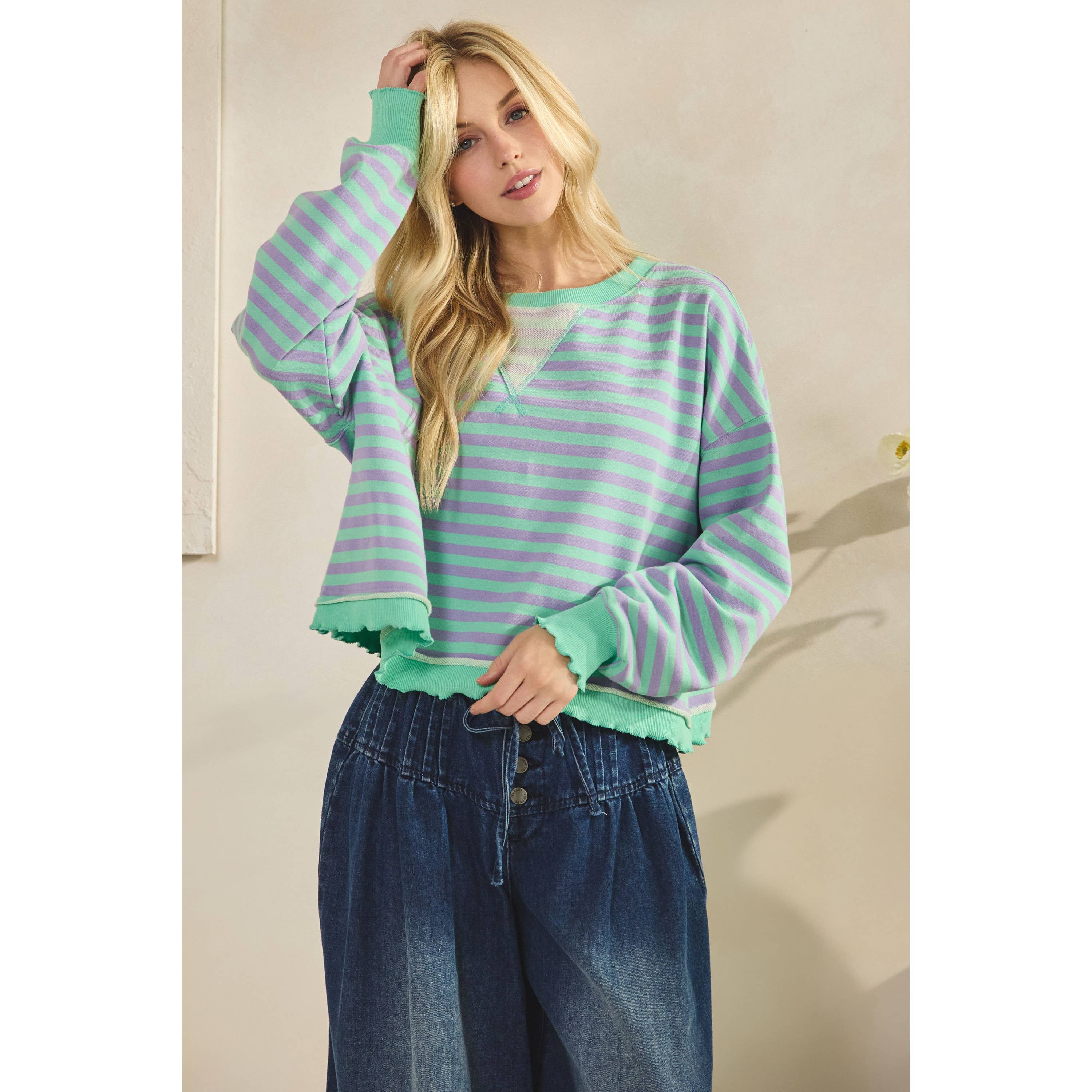 Veveret - Wholesale Tunic - Women's - Cropped Striped French Terry Top1