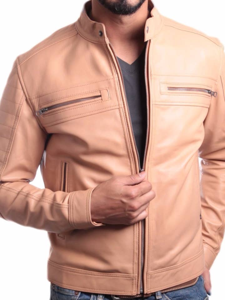 Men's Charles Beige Premium Leather Jacket for wholesale by Fadcloset