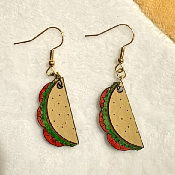 Hand Painted Taco Wood Dangle Earrings for wholesale by Reclaimed Woodworks Home Decor