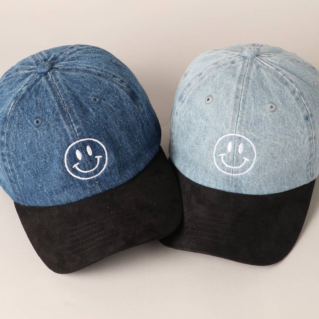 Fashion City - Wholesale Baseball Cap - Women's - Happy Face Embroidered Black Visor Denim Cap5