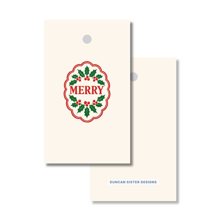 ¡Felices! Etiquetas de regalo de acebo rojo de Navidad – Juego de 8, fabricado en EE. UU. para venta al por mayor de Duncan Sister Designs
