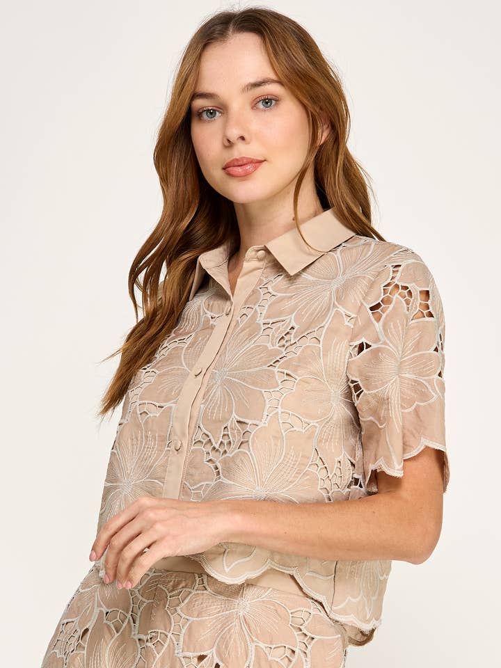 TT-10273-6 BLUSA DE RENDA FLORAL AZUL BEBÉ por atacado de Ellison