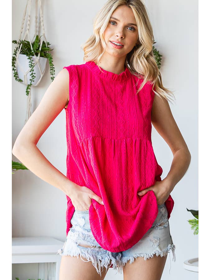 7th Ray - Wholesale Blouse - Women's - Textured Lace Ruffle Mock Neck keyhole Baby Doll Top T5088