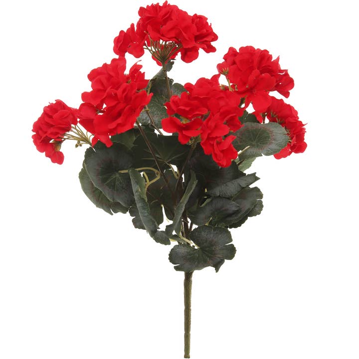 Larksilk - Wholesale Artificial Flowers - 18-Inch Red Geranium Artificial Flower Bush With 7-Stem