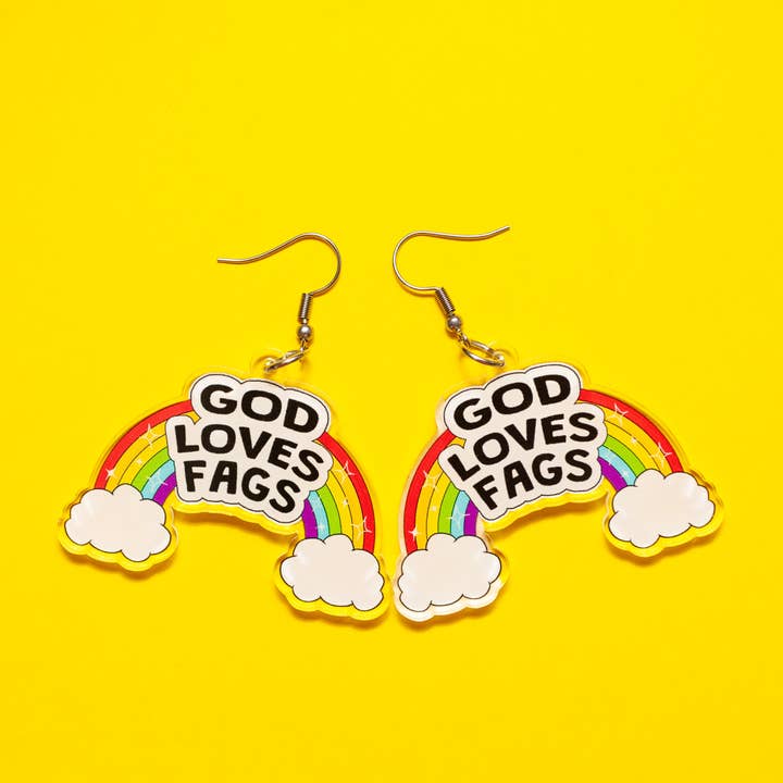 God Loves Fags LGBTQ+ acrylic earrings for wholesale by Crafty Queer Studio