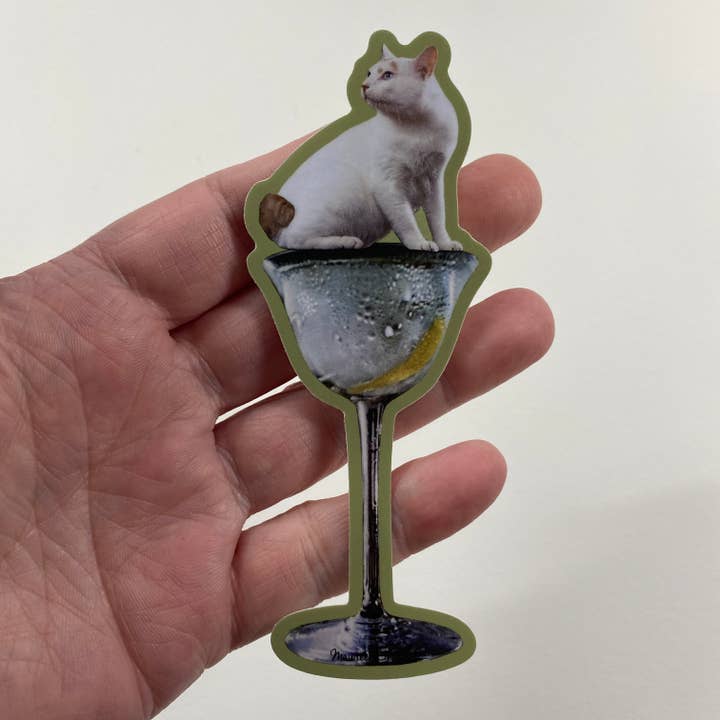 Maureen Shields – wholesale Sticker – White Cat on Martini Glass with a Twist Sticker