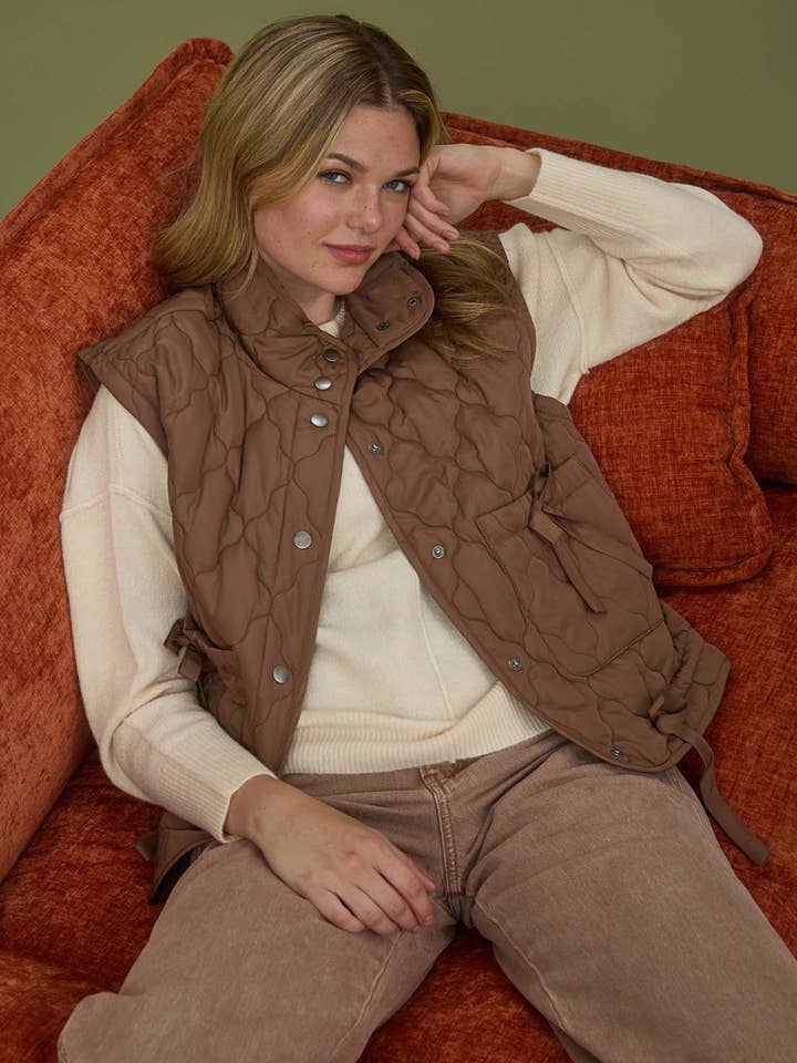 Blu Pepper - Wholesale Outerwear Vest - Women's - TIE DETAIL SNAP BUTTON DOWN QUILTED PUFFER VEST 10