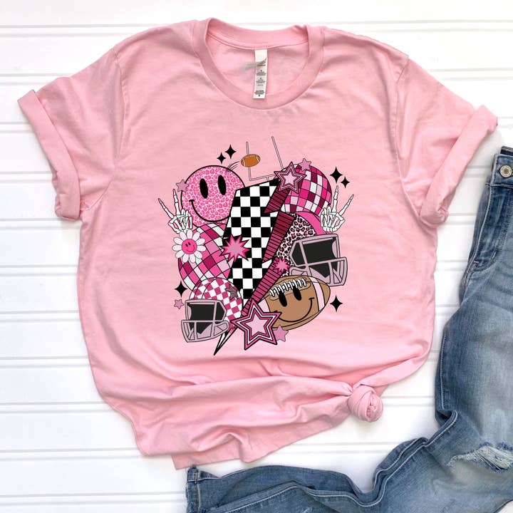 Football Collage Pink Graphic Tee for wholesale by Dixie Grace Mercantile
