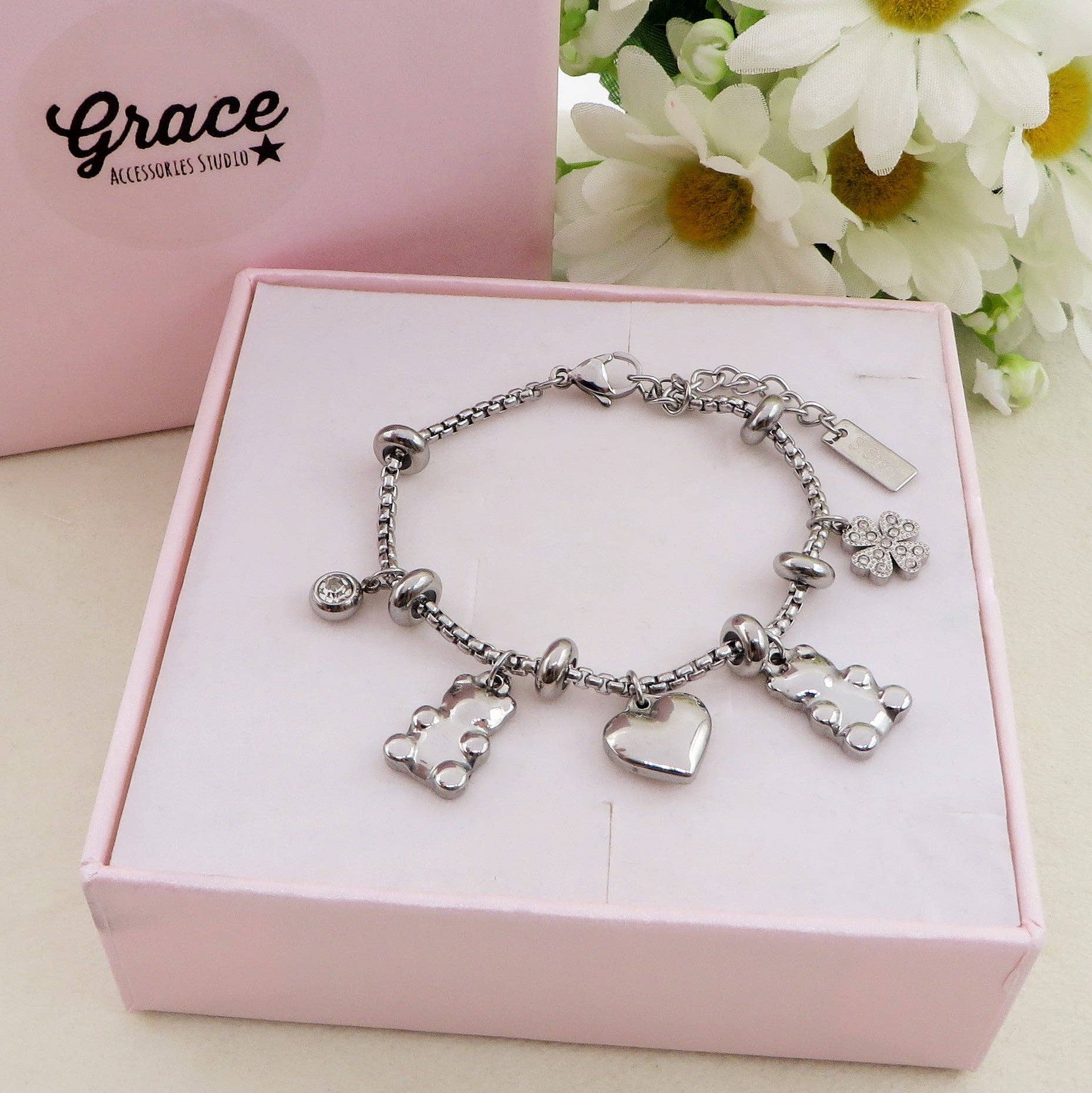 Daemon srls - Wholesale Charm/Dangle Bracelet - TEDDY CLOVER - Bracciale con orsetti, quadrifoglio e cuori pendenti bombe' ACCIAIO INOSSIDABILE0