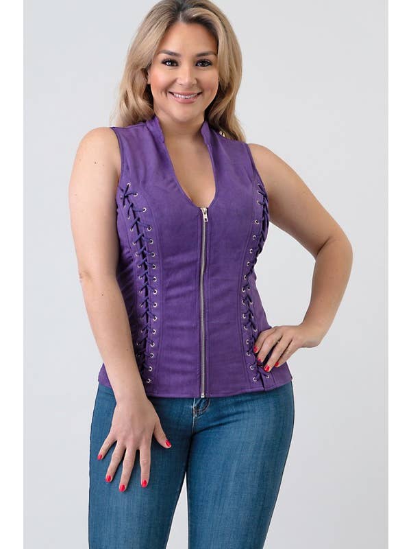 Lydia USA - Wholesale Blouse - Women's - Front Lace Up Back Cut Out Detail Suede Plus Top2