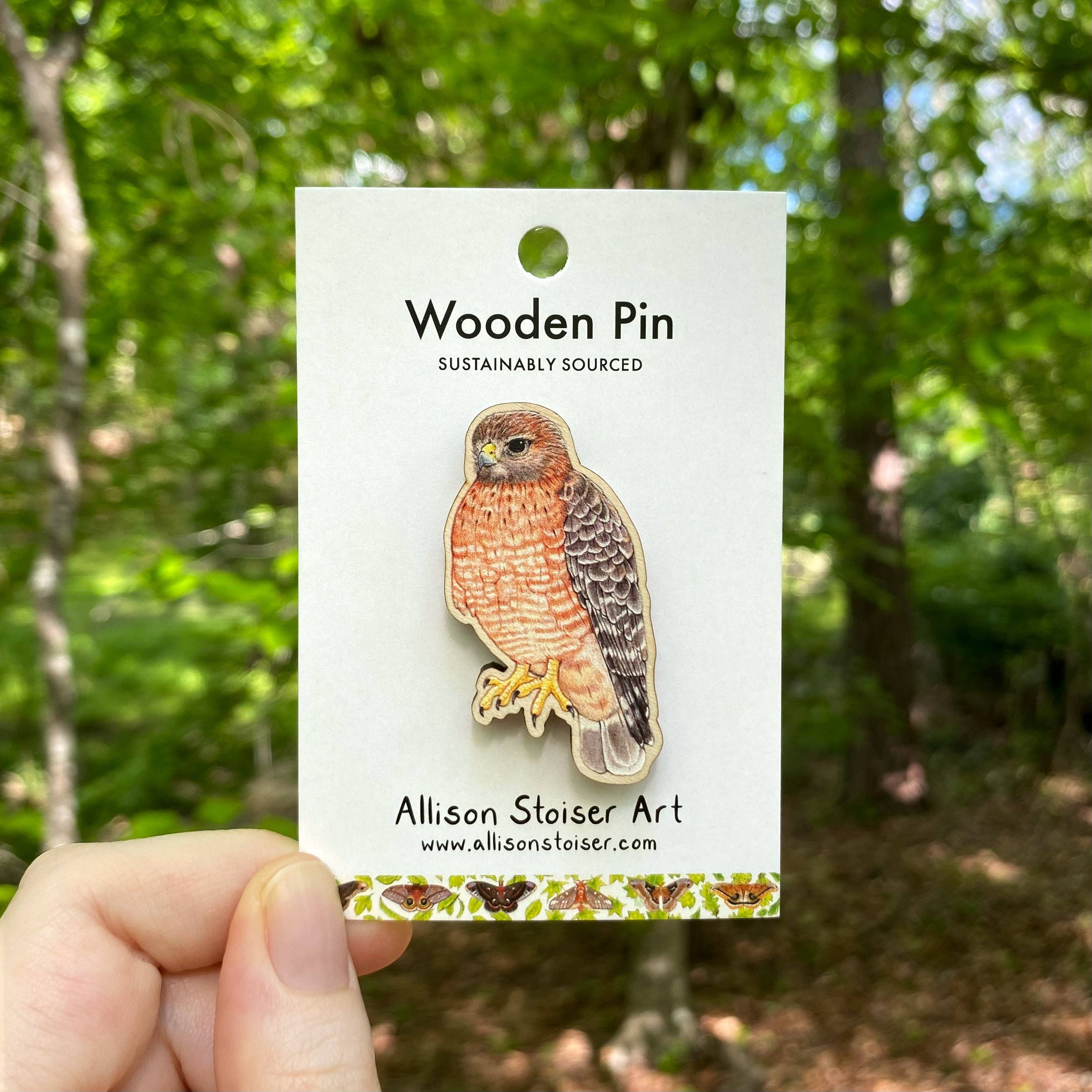 Allison Stoiser Art - Wholesale Lapel Pin/Button - Red-shouldered Hawk Wooden Pin (Sustainably Sourced)