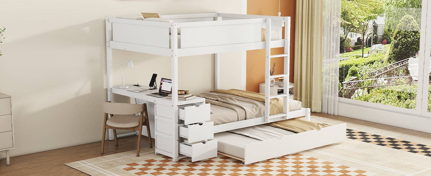 39F Inc. - Wholesale Bed - Full-Over-Full Bunk Bed with Trundle, Storage & Desk – White23