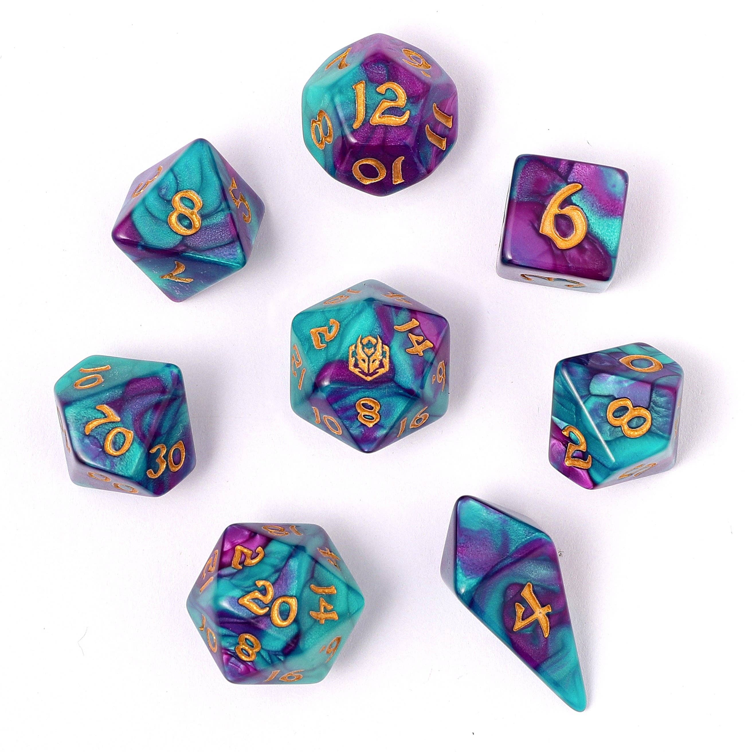 Hymgho Premium Dice - Wholesale Dice - Wyrmforged Rollers - Rounded Edge 8 Piece Polyhedral Dice set - Frostbloom0
