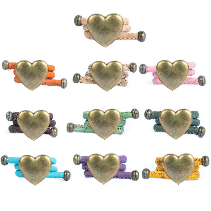 Colored cork line and bronze heart alloy hardware handmade women's ring RW-045-MIX-10 for wholesale by Meninas Bonitas Cork