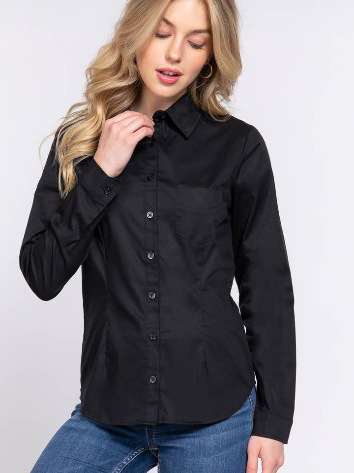 Long Sleeve Button Down Stretch Poplin Shirt for wholesale by Active Basic | Active USA