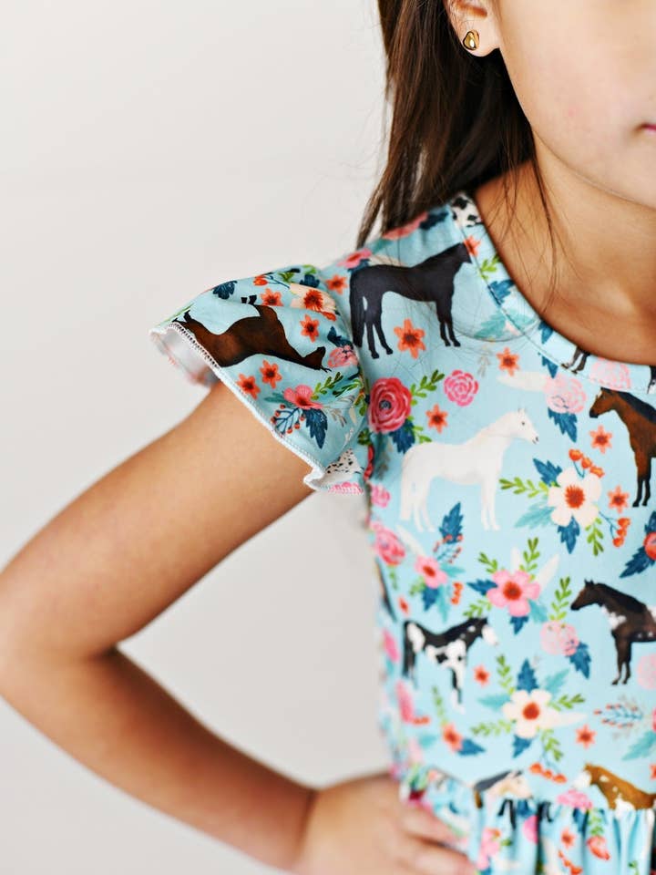 Kids Blue Floral Western Horse Flutter Sleeve Spring Dress for wholesale by Adorable Sweetness