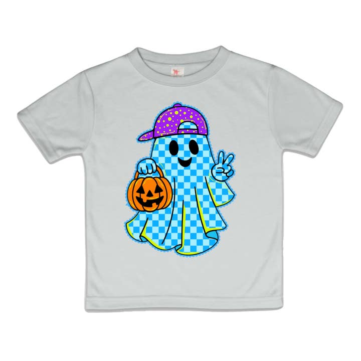 Neon Blue Checkered Ghost Boys Halloween Tee Shirt for wholesale by AvaryMaeInspirations