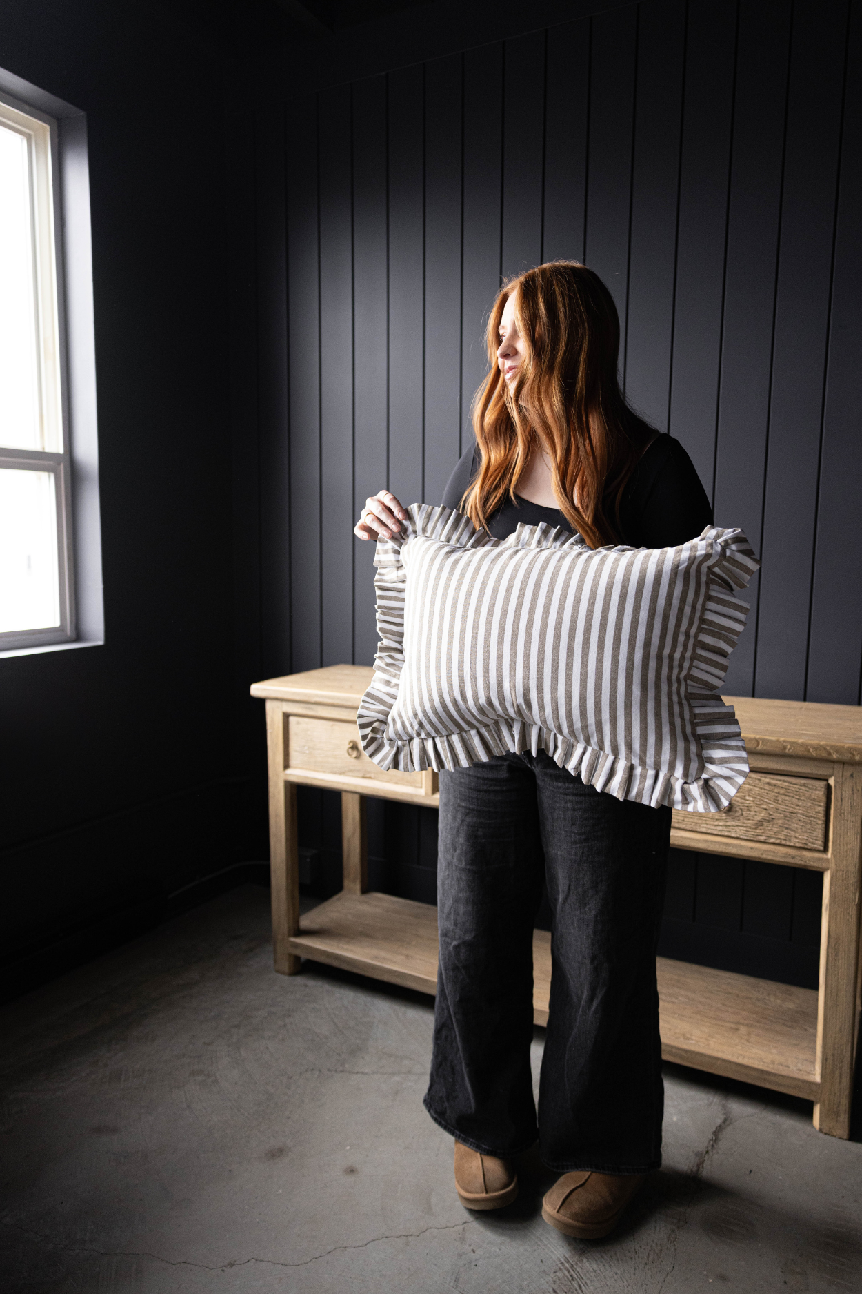 Luxe B Co - Wholesale Throw Pillow Cover - Ruffle Lumbar Pillow Cover Olive Green Stripes4