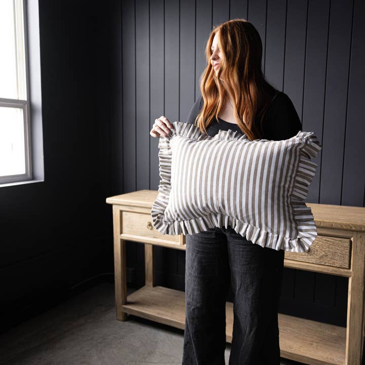 Luxe B Co - Wholesale Throw Pillow Cover - Ruffle Lumbar Pillow Cover Olive Green Stripes4