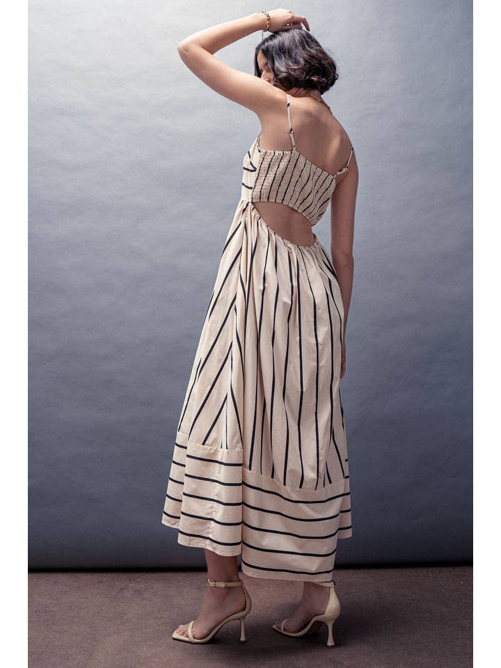 CREAM Nautical Stripe Square Neck Smocked Back Cotton Maxi Dress for wholesale on Faire